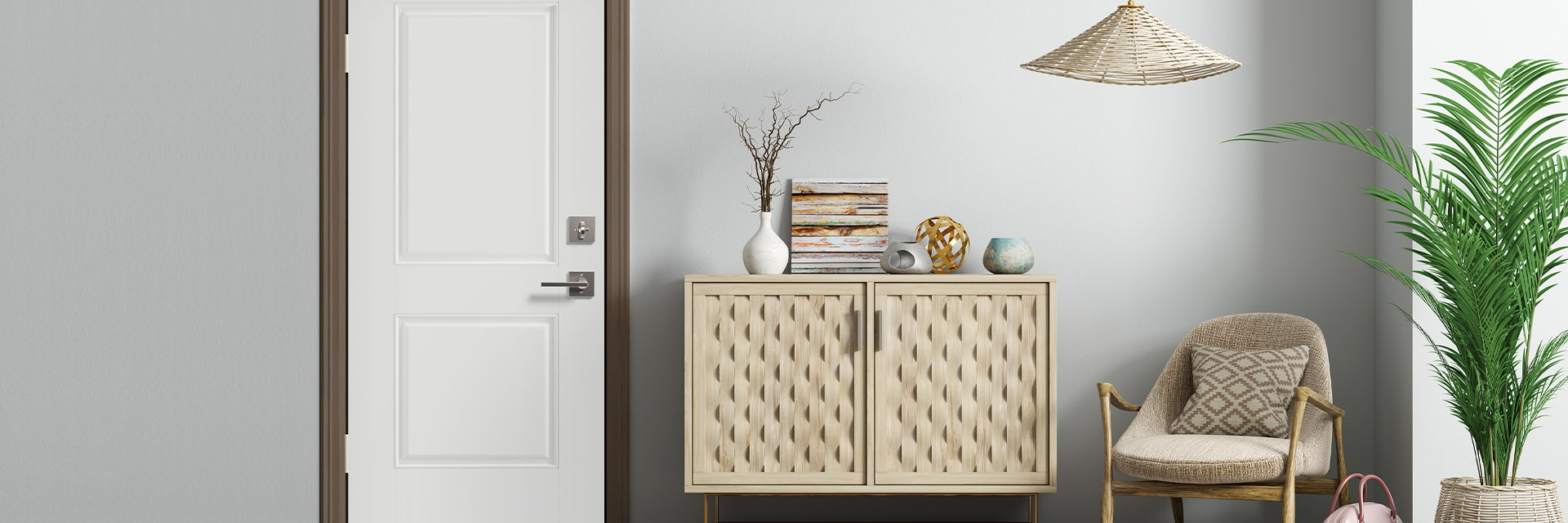 A white steel front door with dark trim sits to the left of a natural side table.
