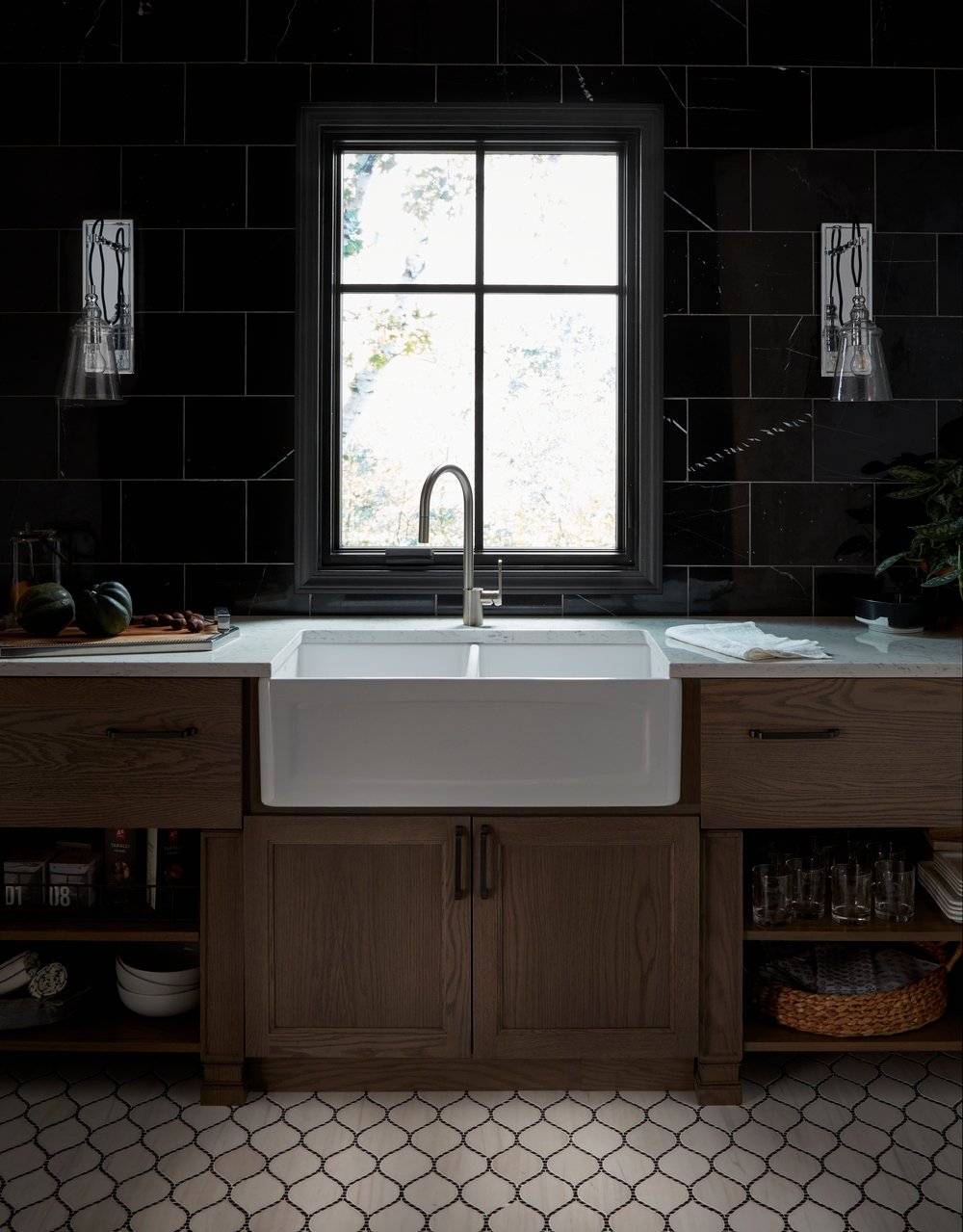 Black Casement Windows Above Kitchen Sink Complement Dark-Colored Island