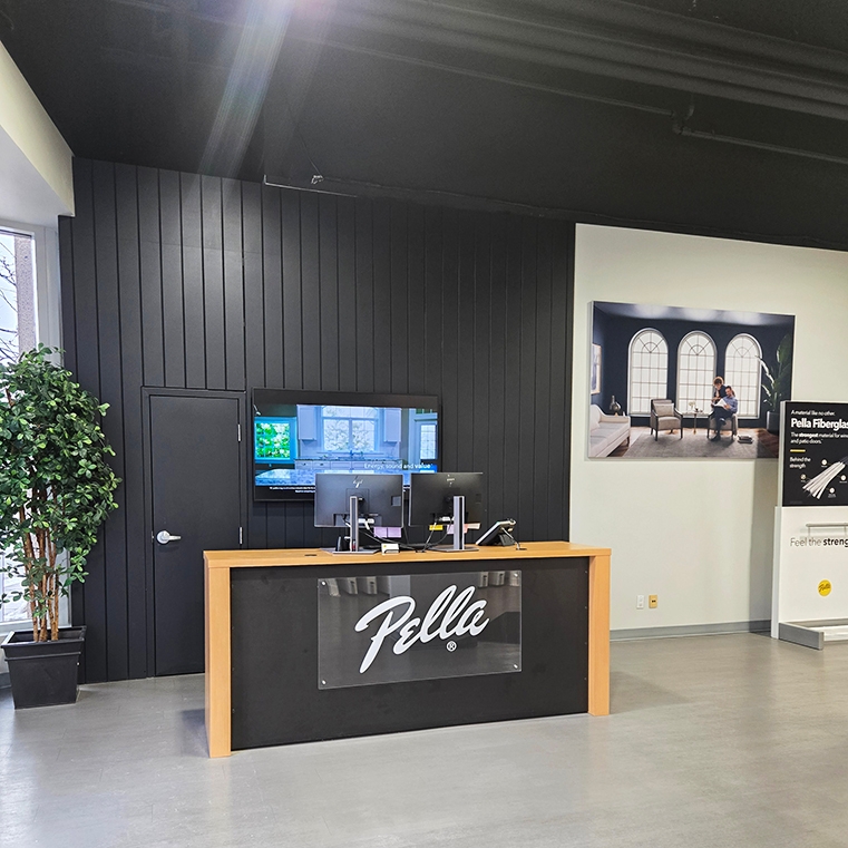 Pella Toronto showroom entrance showcasing a black panel wall.