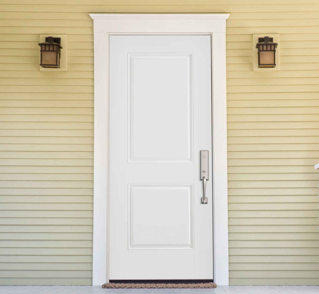 white steel entry door on a yellow exterior home with lamps on each side