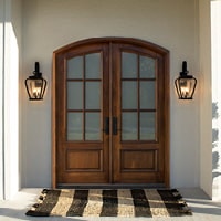 two panel continuous arch wood entry door