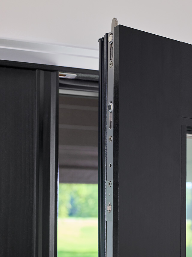 Close-up of black door multipoint locking system.