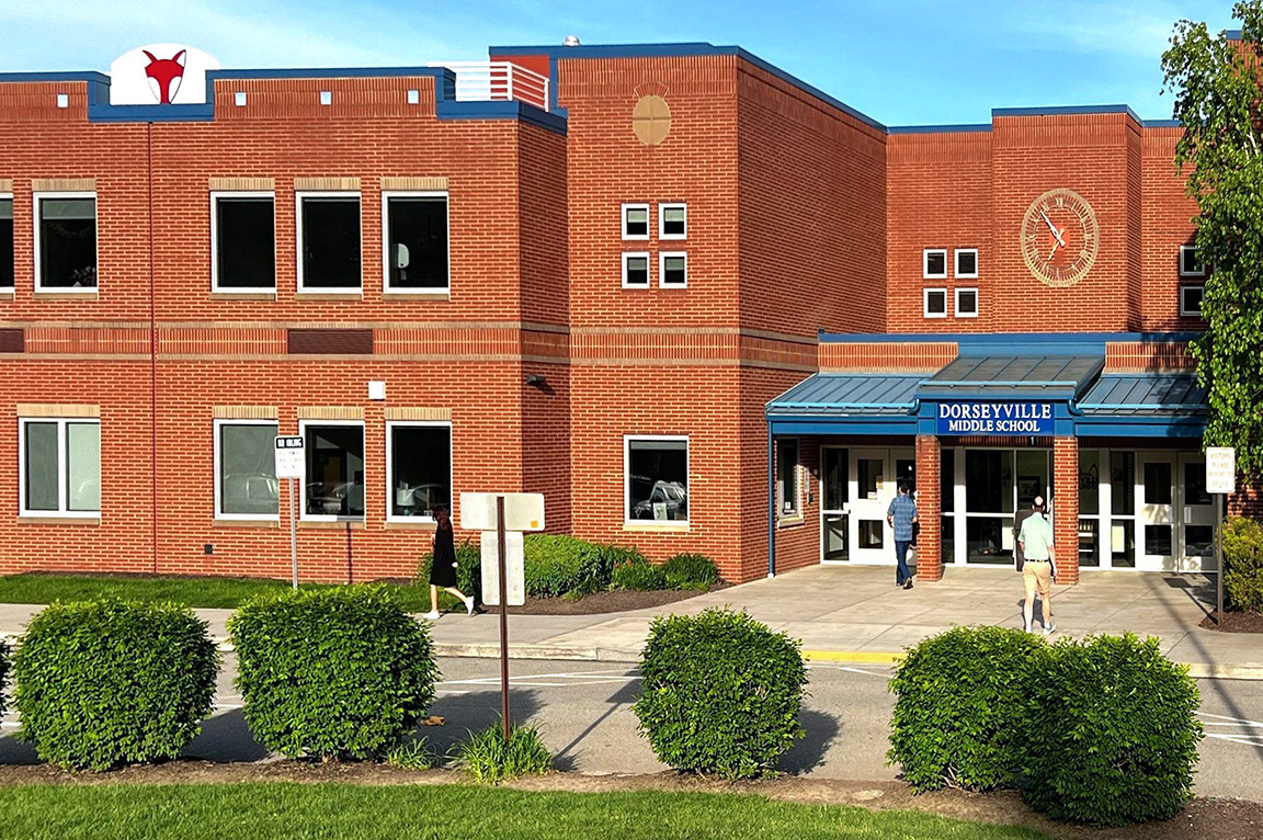 Dorseyville Middle School entrance with new commercial windows.