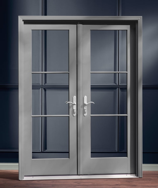 gray two-panel hinged door pella reserve