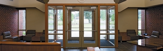 interiors of members first credit union front window wall