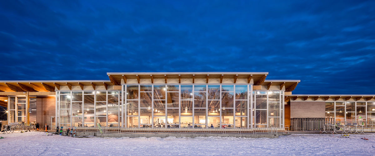 Exterior of a Bloomington Modern Ski Chalet with Floor to Ceiling Windows 