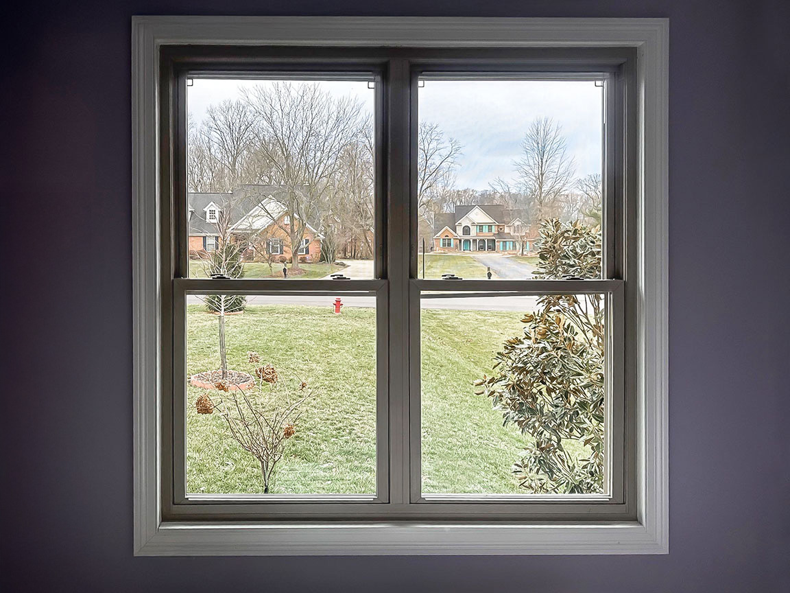 Interior view through double-hung window overlooking a residential neighborhood.
