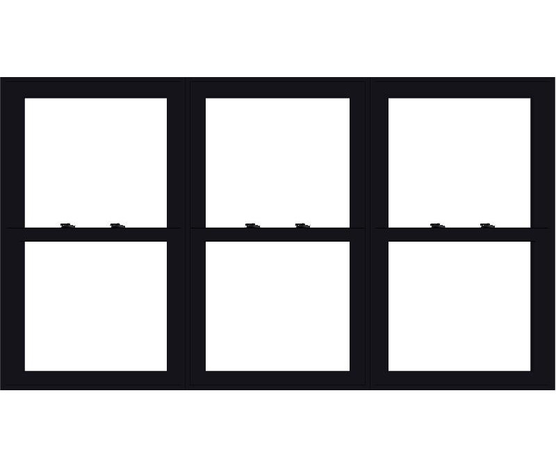 three-wide black fiberglass double-hung windows