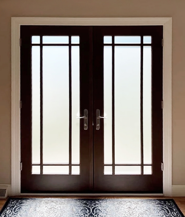 Interior view of newly installed Pella doors for Mechanicsburg home with satin nickel hardware.