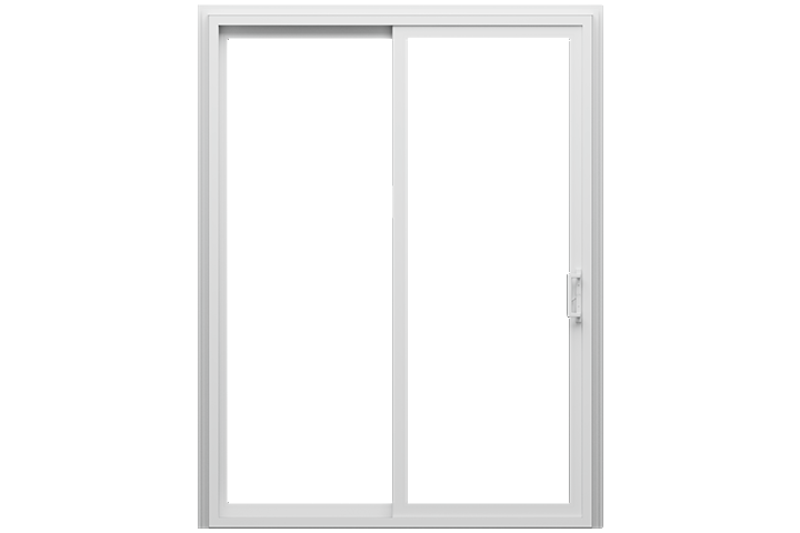 a white sliding patio door with hardware on the left panel.