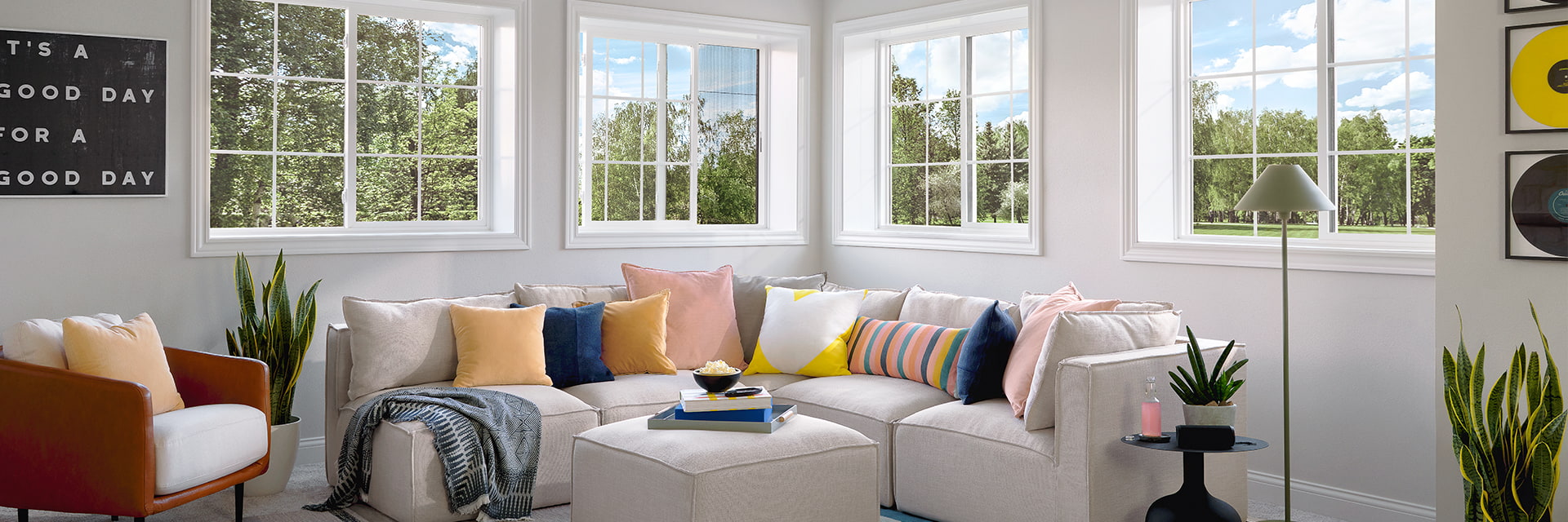 corner sectional below four sets of vinyl sliding windows