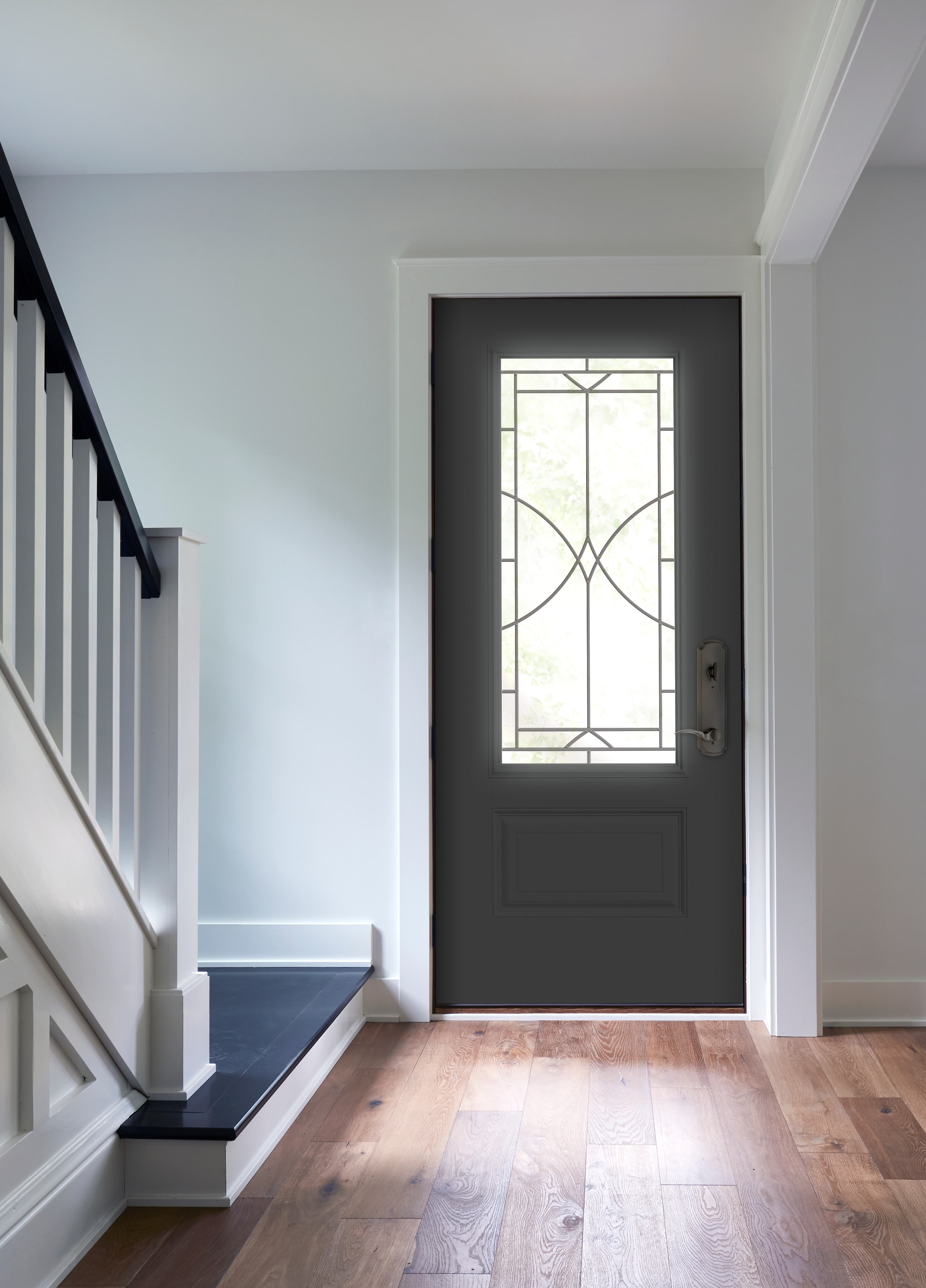 Black Front Door With Decorative Glass Illuminates Entryway | Pella