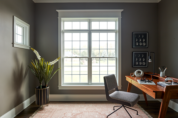 contemporary home office with dark gray walls and two white single-hung windows