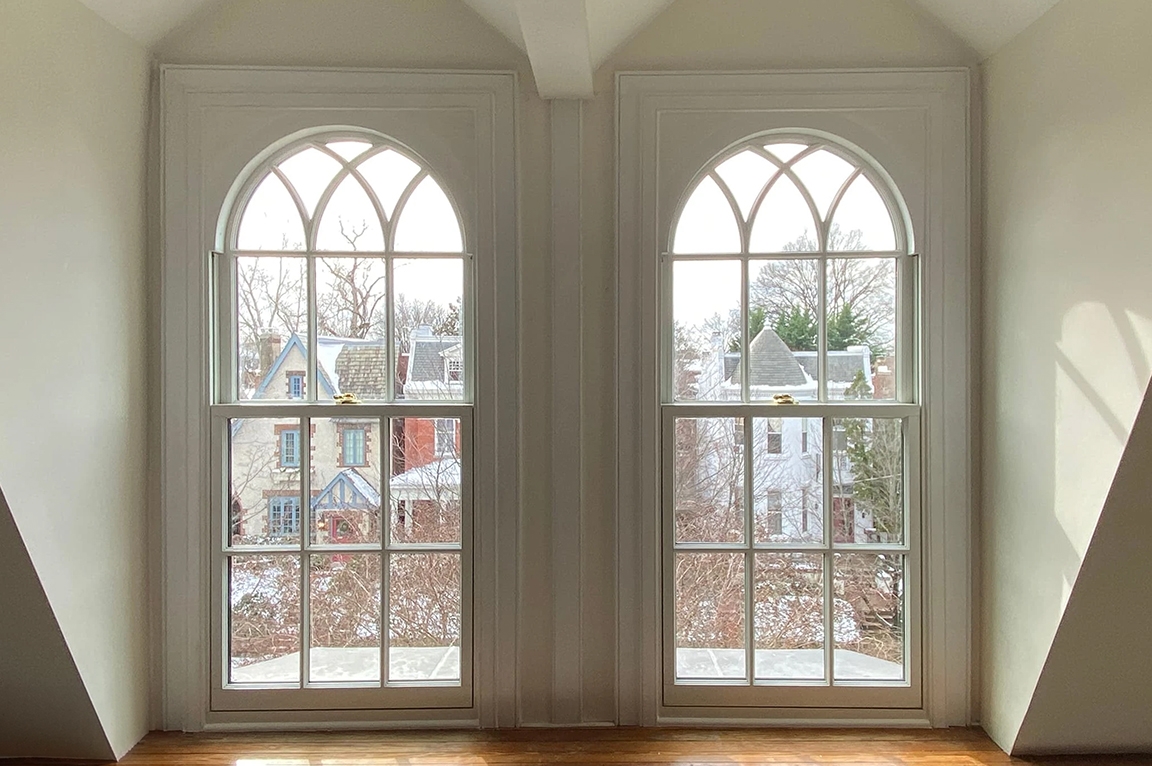Interior of Richmond home highlighting Gothic style windows. 