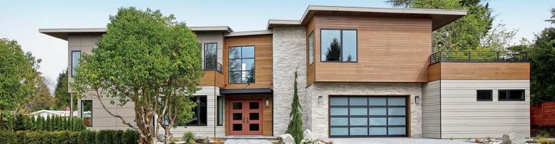 contemporary home with exterior trim on a fiberglass entry door