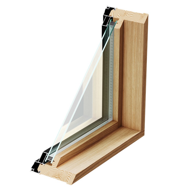 A cross-section of a wooden bow window showcasing modern design and glass features.