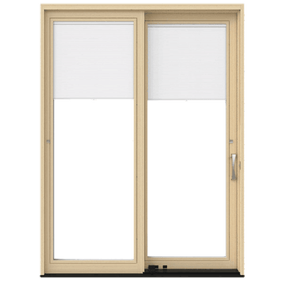 natural wood lifestyle sliding patio door with blinds