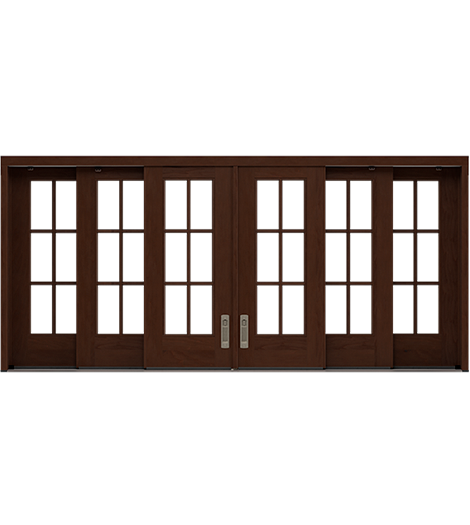A six-panel wood multi-slide window in dark brown stain with grilles-between-the-glass