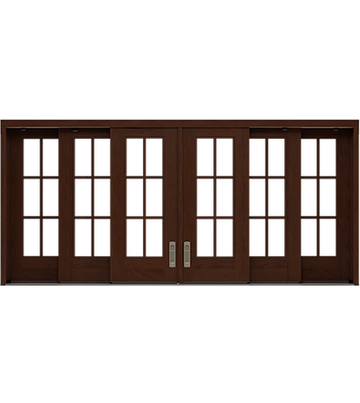 A six-panel wood multi-slide window in dark brown stain with grilles-between-the-glass