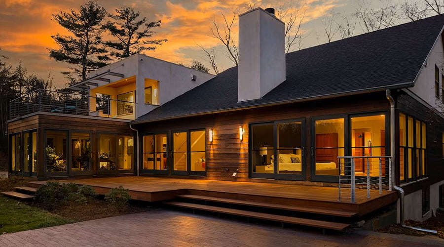 Boston-area home exterior at dusk