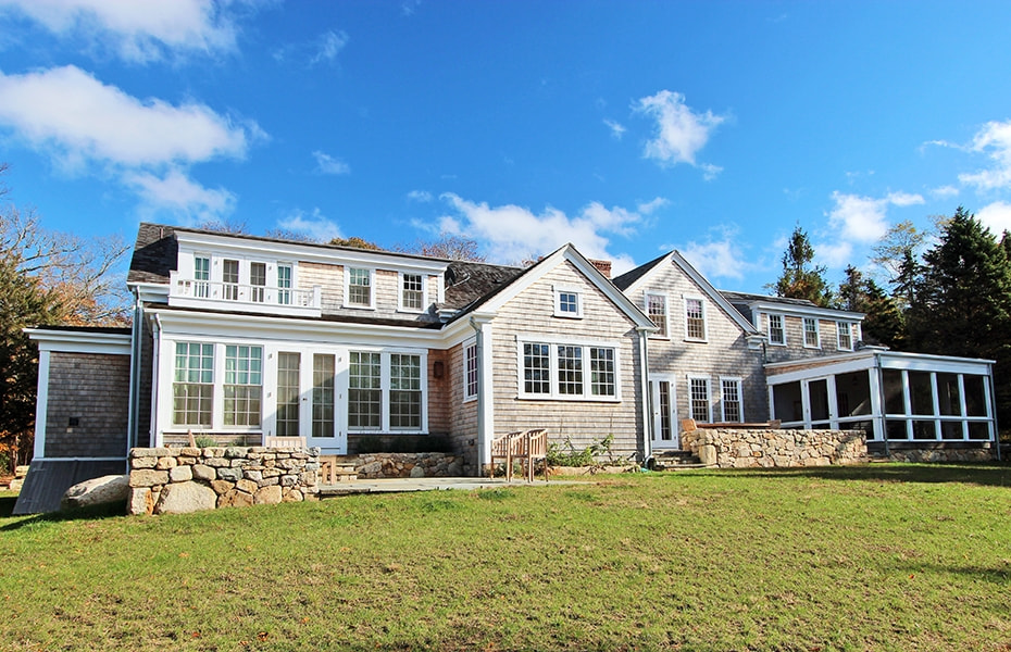 Exterior of historical West Tisbury farmhouse with newly replaced Pella windows.