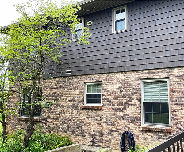 Back exterior view of Okeana home with newly installed tan windows. 