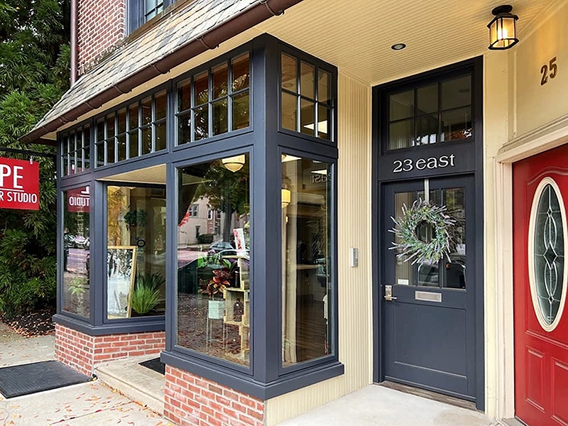 PE Hair studio storefront in Haddonfield with newly installed windows.