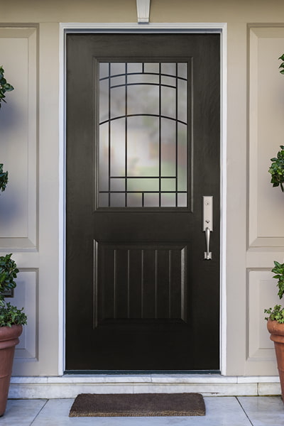 A Half Light Decorative Window with a Mahogany Grain Plank Entry Door