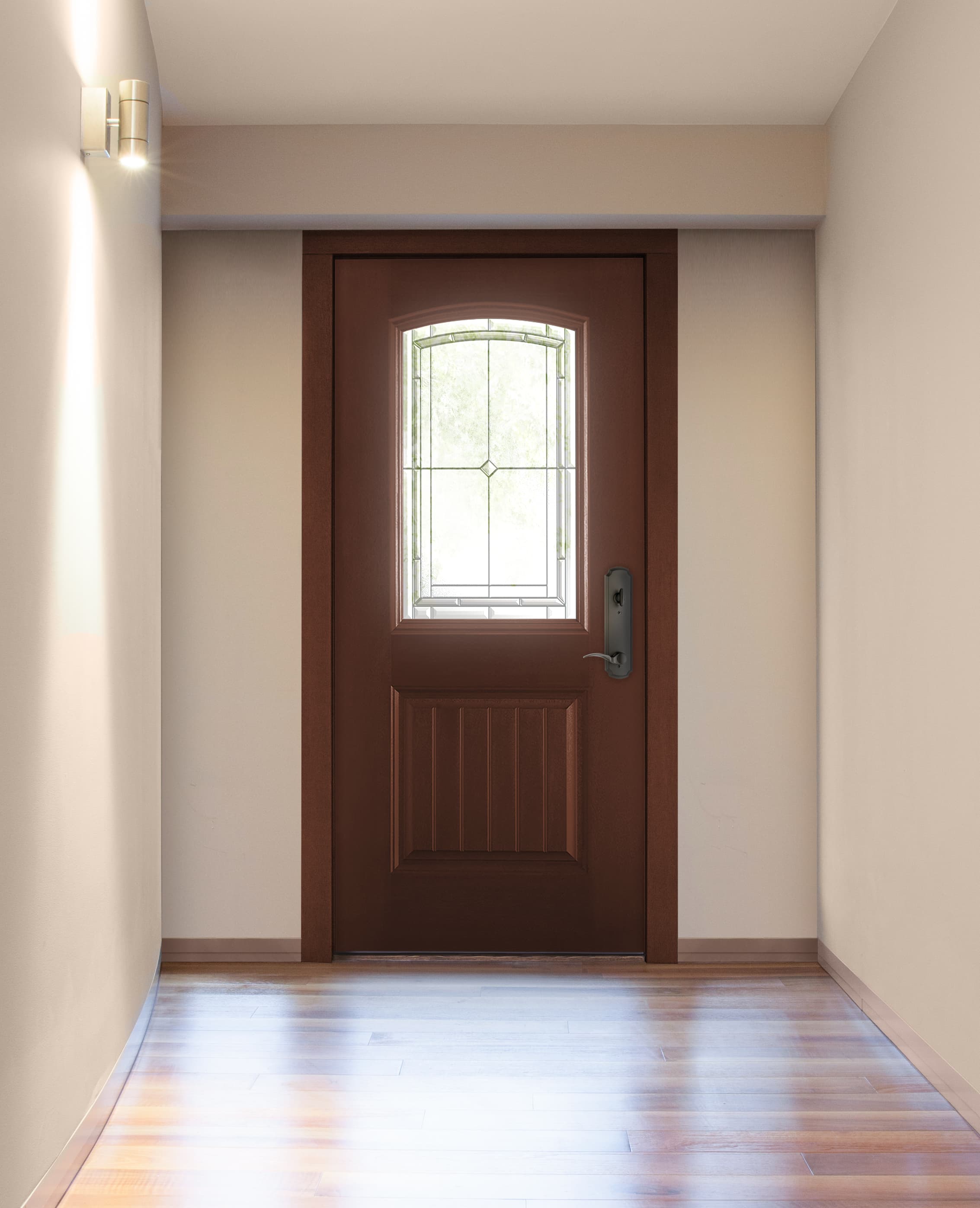 Brown fiberglass entry door with decorative glass