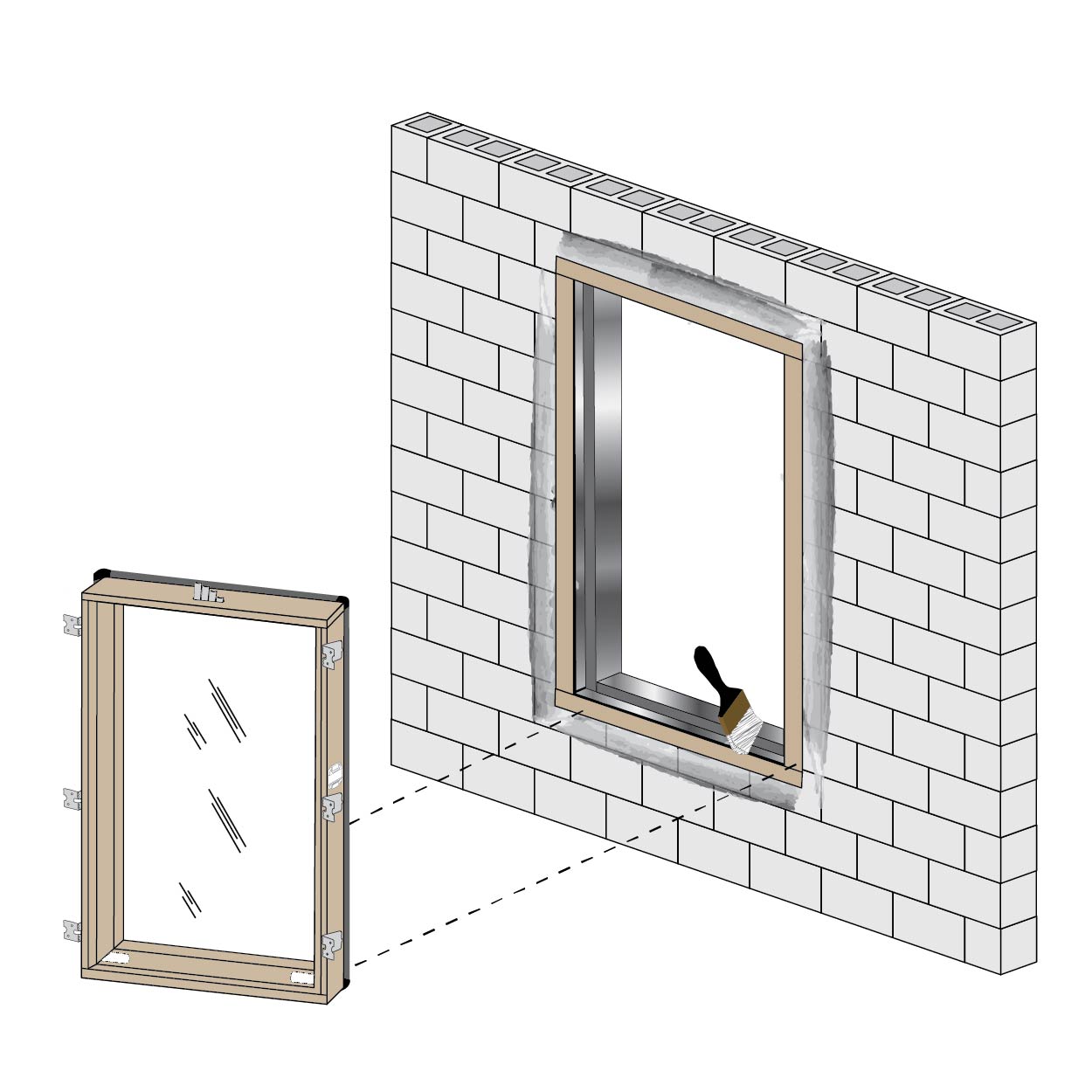 a graphic showing instructions for placing a new window into an opening on a masonry wall