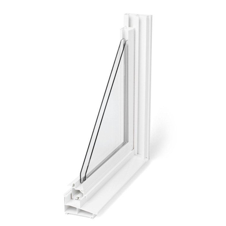 A close-up of a white bow window frame showcasing its modern design and glass structure.