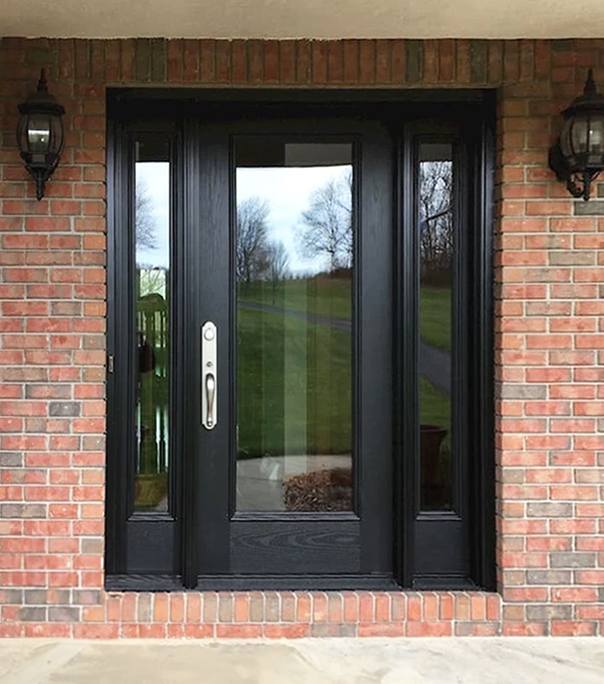 Entryway to Pittsburgh home with newly installed black fiberglass door.