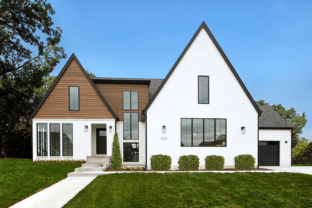 Digital two-story home with white and exposed wood exterior with black framed windows with grilles