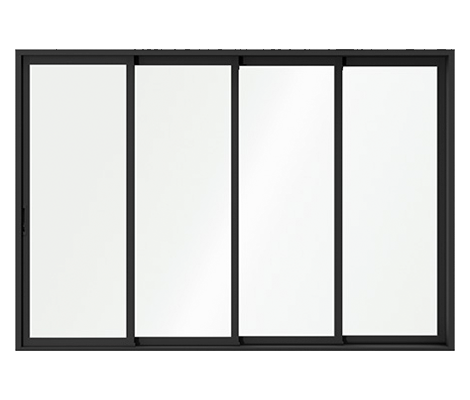  A black 4-panel multi-slide patio door with the background removed.