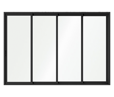 A black 4-panel multi-slide patio door with the background removed.