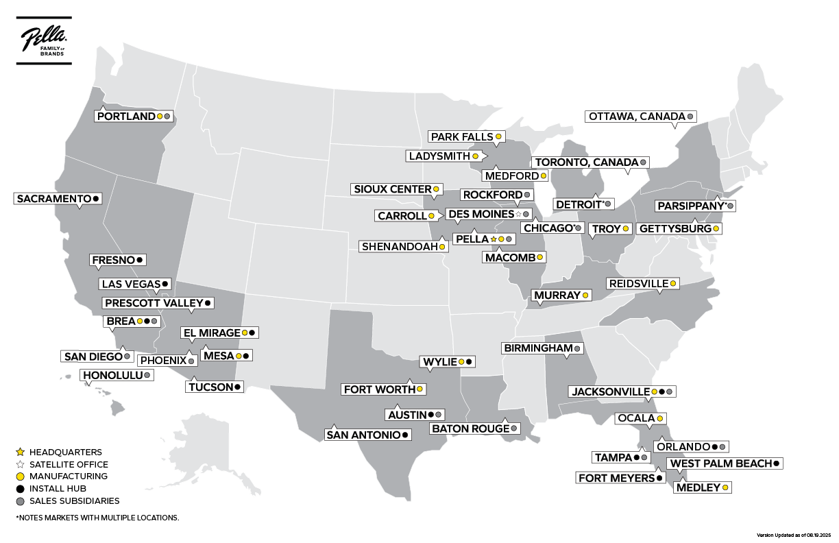 a united states map graphic with all aspects of Pella Windows & Doors