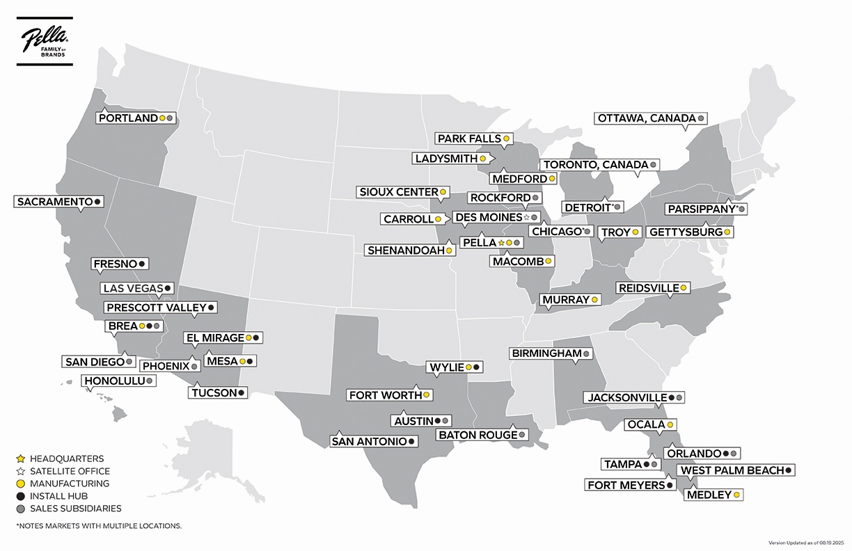 a united states map graphic with all aspects of Pella Windows & Doors