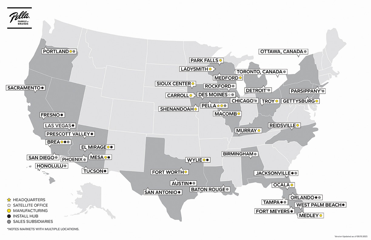 a united states map graphic with all aspects of Pella Windows & Doors