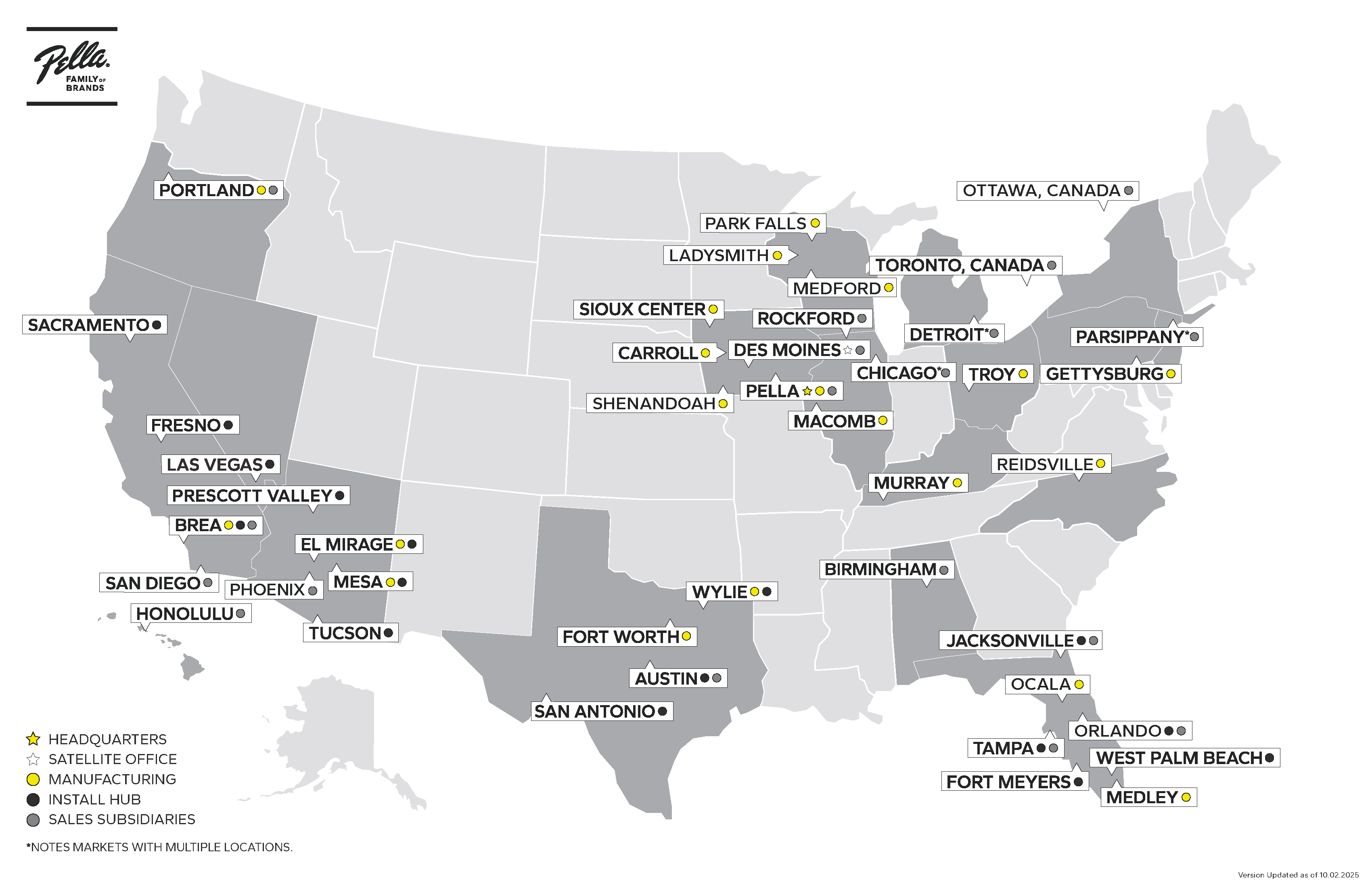 a united states map graphic with all aspects of Pella Windows & Doors
