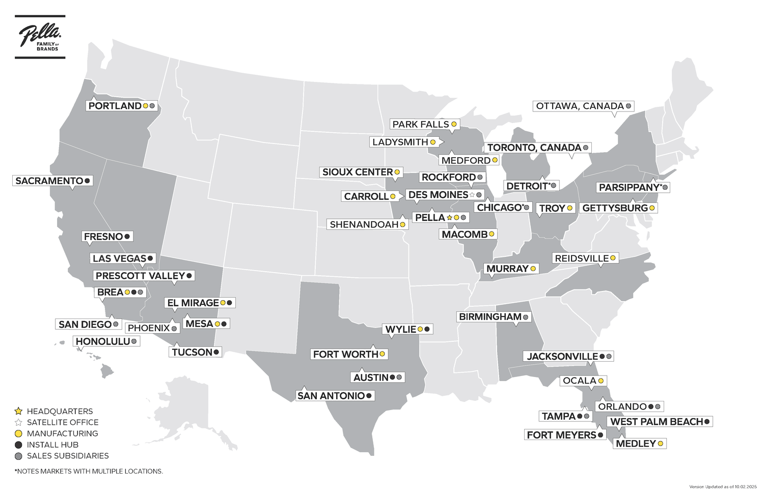 a united states map graphic with all aspects of Pella Windows & Doors
