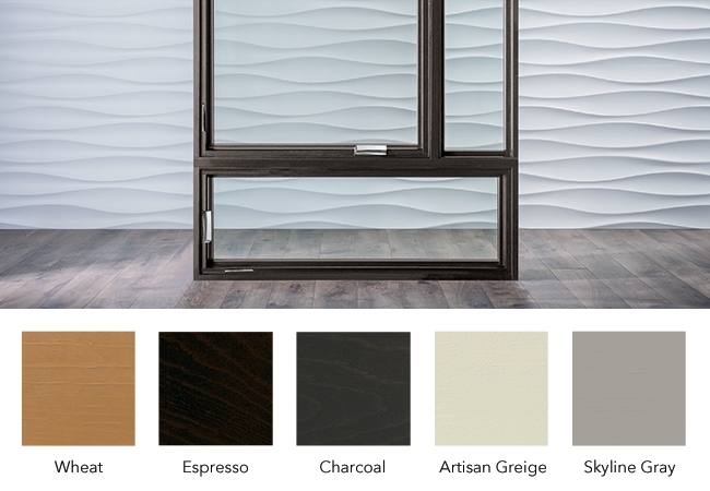 Shows the Wheat, Espresso, Charcoal, Artisan Greige, and Skyline Gray stain colors.