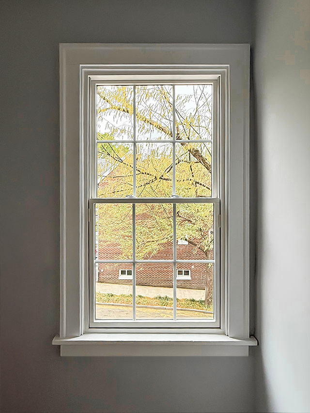 A bright window view showing a tree with yellow leaves and a brick building in the background