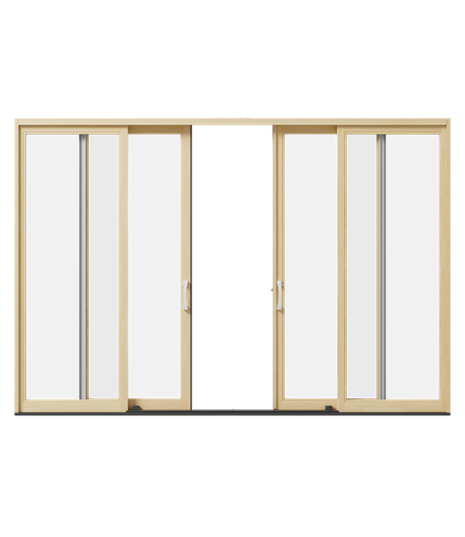 a wood four-panel sliding patio door