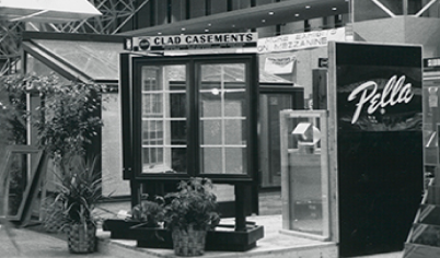 A 1970s floor display featuring the new Pella aluminum-clad products.