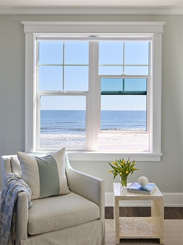 Two single-hung windows with the ocean view behind them