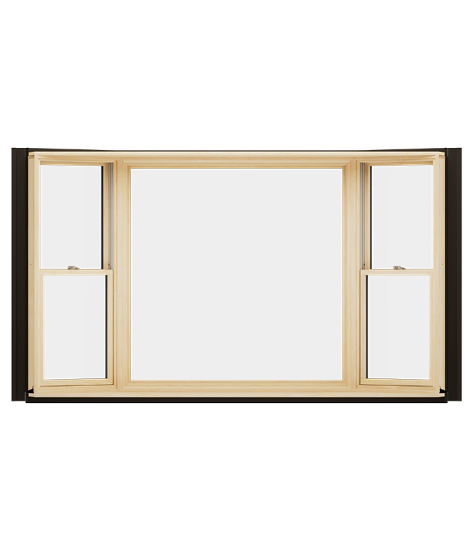 A wooden bay window featuring two open sashes, providing a clear view.