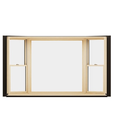A wooden bay window featuring two open sashes, providing a clear view.