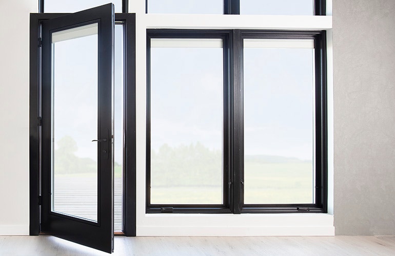 black hinged door with two large casement windows