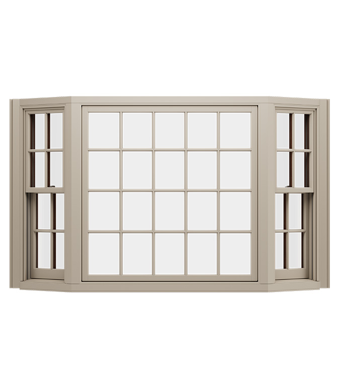 A bay window with beige trim and multiple panes, showcasing a modern architectural design.