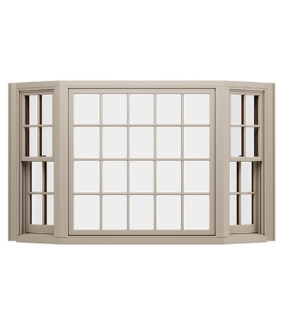 A bay window with beige trim and multiple panes, showcasing a modern architectural design.